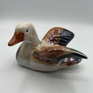 Ceramic Glazed White and Brown Duck Figure